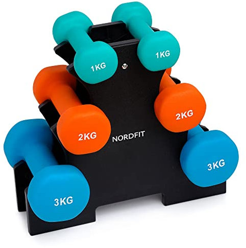 Dumbbell Set with Rack – 1kg, 2kg and 3kg Pairs of Dumbbell Weights – Neoprene Coated – Colourful – Fitness and Home Gym Equipment by Nordfit