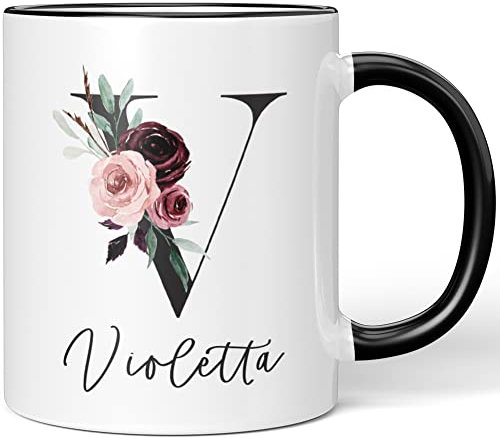JUNIWORDS Tasse, Violetta, Name Anfangsbuchstabe Initial Alphabet Floral Buchstabe V Monogramm Motiv, Schwarz (5608881)