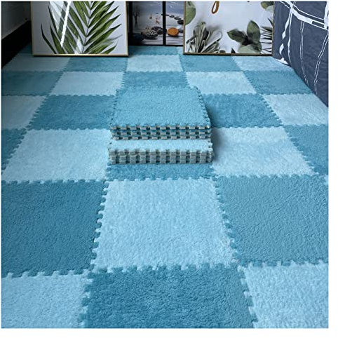12 Pcs Interlocking Carpet Tiles, Plush Foam Square Floor Mats Set, Puzzle Floor Mat for Living Room, Bedroom and Hard Floor, 12 Tiles/12 Sq.Ft(Color:Dark Blue+Light Blue)
