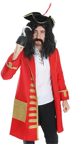 Adults Captain Hook Costume - Red and Gold Pirate Coat, Long Black Wig, Fake Tash, Black Pirate Hat and Plastic Hook Hand - Adults TV/Film World Book Day Fancy Dress Costume