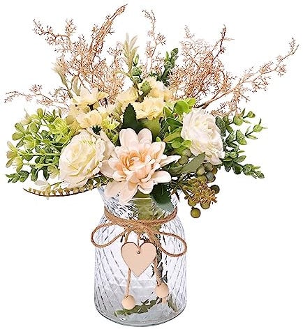 Yorkmills Flores artificiales con jarrón, rosas de seda blanca, arreglo floral de imitación en jarrón, decoración de otoño y primavera, decoración del hogar, centros de mesa para sala de estar,