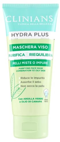 CLINIANS | Hydra Plus Maschera Viso Purificante, Dermatologicamente Testato, Made in Italy, 75 ml