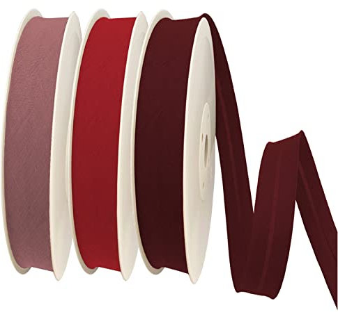 TEXTEX = Bies de 30mm de Ancho. 50% Algodón y 50% Poliéster. Pack de 3 Piezas de 10m Cada Una - (Maquillaje/Rojo Ferrari/Granate)