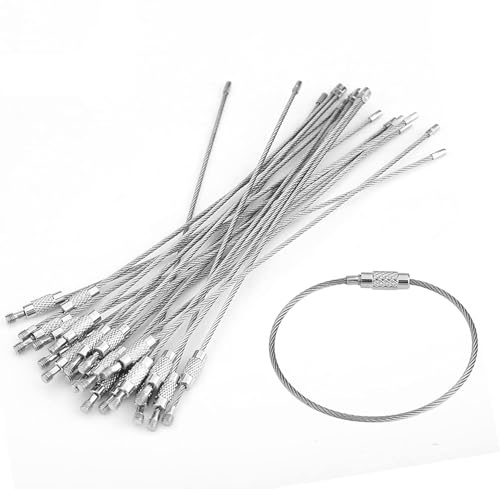 LetCart Draht Schlüsselanhänger – 20 Stück 15cm 1,5mm Schlüsselanhänger Draht Kabelseil mit Schlüsselring Drehkappenschraube für Schlüssel Ausweis (Silber)
