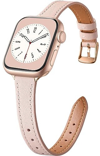 CeMiKa Cinturini Sottili Pelle Compatibile con Cinturino Apple Watch 42mm 44mm 45mm 46mm 49mm, Cinturino Vera Pelle per Apple Watch Ultra/Ultra 2 Series 10 9 8 7 6 5 4 3, Donne Uomini, Rosa Sabbia