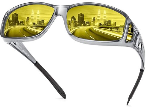 URUMQI Anti Glare Night Driving Glasses Fit Over Glasses for Men Women, Polarised Night Vision Headlight TAC Yellow Lens