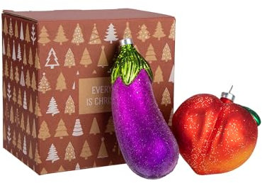 Every Day is Christmas Glasgeblasene Ornamente, niedliche handgefertigte Figuren, Baumschmuck, Aubergine, Pfirsich, 2 Stück