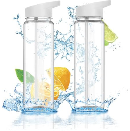 XJYMCOM 2Pcs Sports Bottle 750ml Leak-Proof Water Bottle Clear Plastic Gym Bottle with Filter Flip Top Reusable Suitable for Gym School Sports Cycling White