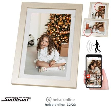 Somikon Digitaler Fotorahmen: WLAN-Bilderrahmen, 25,7 cm / 10,1 IPS-Touchdisplay, weiß, Holzrahmen (Digitaler Bilderrahmen Touchscreen, Großformat, Senioren Handy)