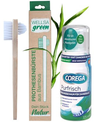 Wellsamed Sparset mit Prothesenbürste und COREGA Purfrisch Reinigungsschaum für die Dritten Zähne (Bambus)