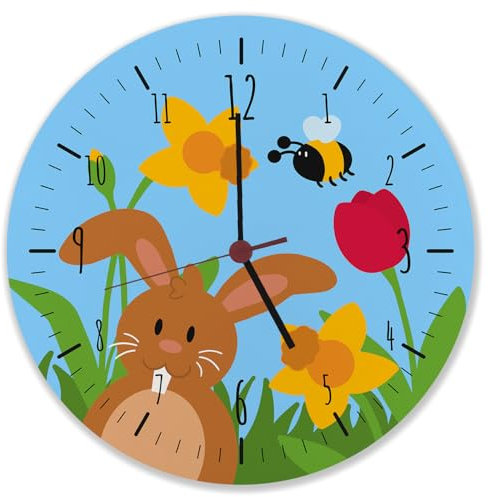 speecheese Frühling und Hasen Wanduhr zu Ostern als Osterdeko fürs Kinderzimmer oder das Wohnzimmer um Frühlingsgefühle auszulösen Biene Hase Tulpe Blumenwiese