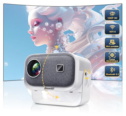 Videoprojecteur 360°Rotating Retroprojecteur +Focus Électrique Jimveo Mini Projecteur Video 19000L 1080P WiFi6 Bluetooth 45°Auto Correction Trapézoïdale Videoprojecteur Portable Gris Clair