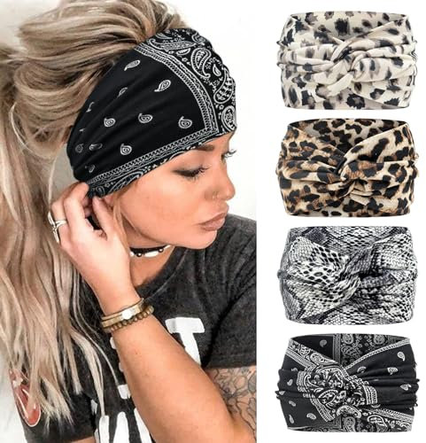 Kavya Fascia Capelli Donna 4 Pcs 7'' Elastico Cerchietto Capelli Donna Movimento Yoga Fasce Per Capelli Bandana Extra Large Headband Boho Accessori Per Capelli (Nero)