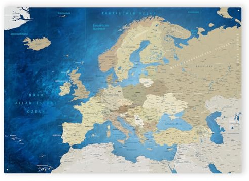 LANA KK - Magnetisches Blechschild Europakarte - Deutsch, zum markieren mit Magneten inkl. Starterkit - Magnetboard Wandbild Landkarte XXL (Meerestiefe, 100 x 70 cm)