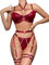 Mingnos Strapsen Dessous-Sets für Damen Sexy Unterwäsche Outfit Kropfband Bügel BH und Slip mit Strumpfband Reizwäsche 6 Teilig Weinrot, L