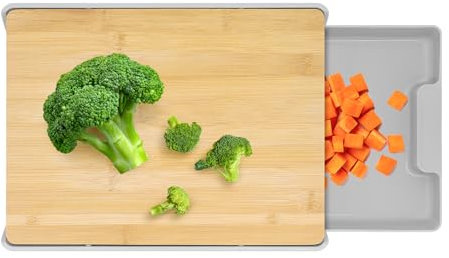 Seahelms Wooden Chopping Board with Plastic Tray - 33x24x 5cm Natural Bamboo Cutting Board Meal Prep Chopping Board for Food Prep,Meat,Vegetables & Bread