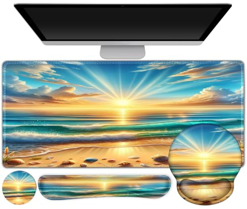 Gaming Mouse Pad, Large Desk Mat, Cute Desk Pad Protector, 4in1 XXL Mousepad + Keyboard Wrist Rest+Mouse Wrist Rest+Coaster Set with Ergonomic Desk Pad for Home Office Computer, Beach Sun Shell