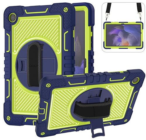 ERDARARIPRO Funda para tablet Samsung Galaxy Tab A9 + (2023) de 11 pulgadas, bonita funda de dibujos animados a prueba de golpes con soporte giratorio de 360° y correa de mano, color azul marino+verde