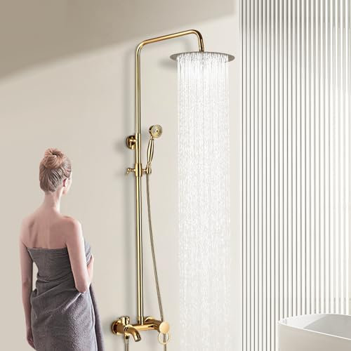 Columna Ducha Termostatica Duchas De Baño Columna Altura Ajustable Sistema De Ducha Acero Inoxidable,Con Ducha De Mano Y Grifo,Para El Hogar, Hotel, Baño, Piscina(Dorado)