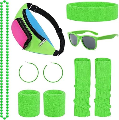 Dazzroi 80s Fancy Dress Costumes, 1980s Retro Sport Accessories Sets with Bumbag Headband Wristbands Leg Warmers Eyeglasses Earrings Necklace, Neon Outfit for Women 80s Party, Dress up Party (green)