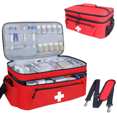 ALSLEA First Aid Bag Empty Large 2 Layer Medical Bag with Shoulder Strap 16”x 9½” x 7” Medicine Organizer Box Travel First Aid kit Emergency Supplies Storage Bag for Car, Home, Office, Outdoor (Red)