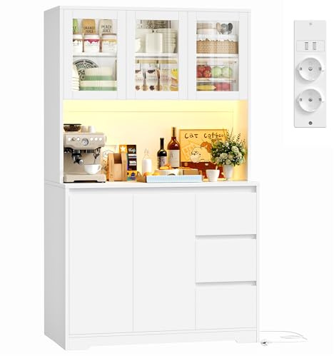 FirFurd Credenza Cucina,Mobile Dispensa Cucina a Luci a LED e Prese Bianco | Credenza Cucina Alta,Ante In Vetro Trasparente Visibile,Ripiani Regolabili/Rimovibili,per Cucina, Soggiorno,180x100x38,5cm