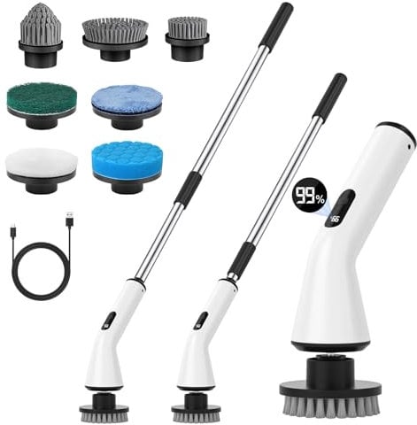Elektrische Reinigungsbürste, Schnurlos Electric Cleaning Brush mit 7 austauschbaren Bohrbürstenköpfen, Wanne mopSet, Elektrische Putzbürste mit Verstellbarem Griff für Bad Küche Auto Fußboden