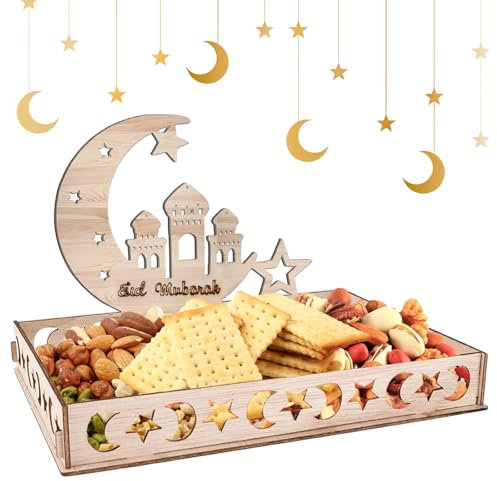 Byhsoep Ramadan Teller Eid Mubarak Deko Tablett mit Mond Stern Schloss Muster Ramadan Geschirrset Tischdeko Holztablett für Kareem Party(Mond)