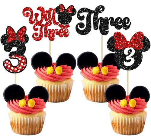 Ephlyn 24Pcs Mouse 3rd Birthday Cupcake Toppers Bow Mini Third Birthday Cake Decorations Mouse Three Cupcake Picks for Baby Shower Kids Birthday Party Decors Black Red