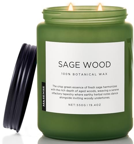 M&SENSE Salbei Holz Duftkerze (550g, 110h) – 2-Docht Naturkerze aus Sojawachs – Beruhigender Duft für Stressabbau – Wohnaccessoire & Geschenk