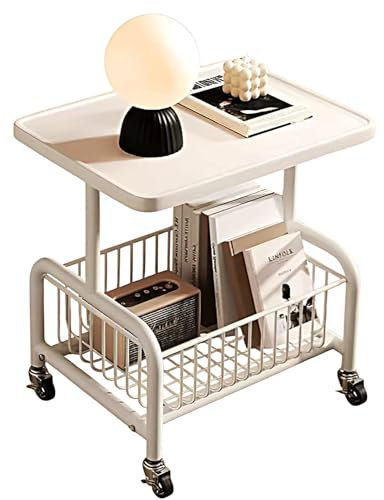 XUDREZ Beistelltisch Rollen, Kontrollierte Stabilität, 48cm Couchtisch Mit Rollen, Beistelltisch Nussbaum Mit Ablagekorb Geeignet für Schlafzimmer, Küche, Salon, Büro, Schule Groß Weiß