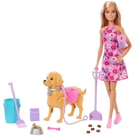 Barbie Walk & Potty Hunde-Spielset mit Barbie Malibu Puppe | Mit Hund, der läuft und sein Geschäft verrichtet, plus Zubehör und Schaufel, JJB46