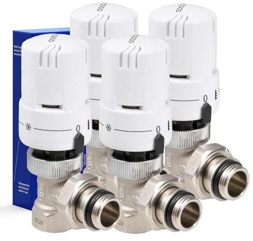 VANCOCO Lot de 4 1/2 Angulaire Blanc Vanne Thermostatique Kit | Capteur de liquide, raccord de bague d'étanchéité, position de protection contre le gel, norme EN215 soupape de chauffage