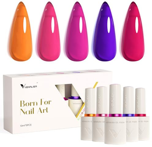 VENALISA Gel Nail Polish Set 5 Colours Semi-Transparent Orange Pink Purple Red Gel Polish With DIY Nail Tips & Colored Labels Collection Soak Off UV Gel Classic Nail Art Manicure for Holidays 2510