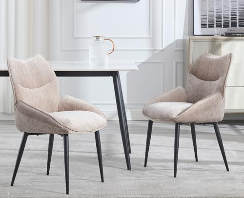 DAYALANE Esszimmerstühle 2er Set, Küchenstühle mit Armlehne Metallbeine Polsterstuhl aus Chenille, Modern Sessel für Esszimmer Küche Wohnzimmer Schlafzimmer, Braun