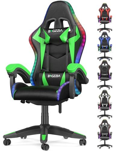 Gaming-Stuhl LED, Gamer-Stuhl mit Schillernde Lichtleiste, Kopfstütze Lordosenstütze, Einstellbarer Höhe Neigung, 130 kg Belastbarkeit, Ergonomischer Gaming Chair für Gaming und Büro - Schwarz-Grün