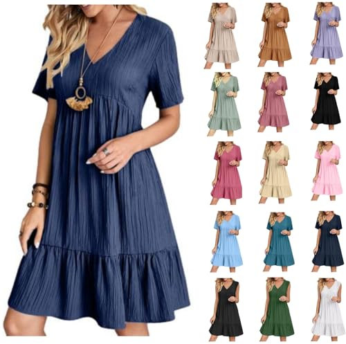 HAOLEI Robe Femme Chic Col V Manches Courtes éTé BohèMe Tunique Robe Ample A-Line Mi-Longue Dress Grande Taille DéContractéE Robes Couleur Unie Taille Haute Robes pour FêTer Vacances Plage