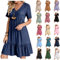 HAOLEI Robe Femme Chic Col V Manches Courtes éTé BohèMe Tunique Robe Ample A-Line Mi-Longue Dress Grande Taille DéContractéE Robes Couleur Unie Taille Haute Robes pour FêTer Vacances Plage