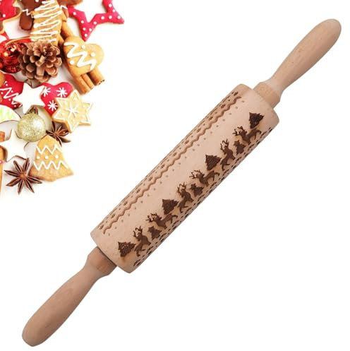 13.8 Inch Wooden Rolling Pin With Christmas Tree & Snowflake Patterns, Elk Embossing Roller For Holiday Baking