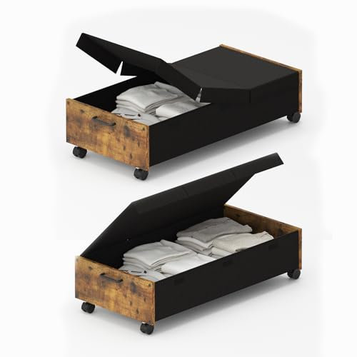 Rebonique Under Bed Storage Box with Lid, 2 Pack 80L/100L Underbed Storage on Wheels, Large Storage Containers, Metal Frame Clothes Organiser Drawer, Clothes Boxes for Toys, Shoes, Blankets (100L)