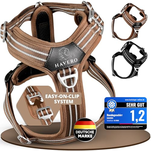 HAVERO Hundegeschirr Easy-On-Clip – [Kein Überkopfziehen] | Anti-Zug Y-Geschirr Gepolstert Reflektierend Atmungsaktiv Brustgeschirr – kleine, mittelgroße & Grosse Hunde Geschirr (Braun, XL)