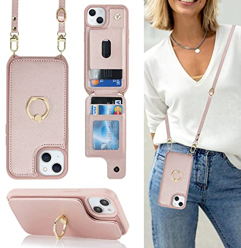 Cavor Phone Case Compatible with iPhone 15 Case With Card Holder With Strap,Flip Leather Wallet Case with Lanyard,Ring Kickstand Shockproof Cover Case for iPhone 15 - Rose gold