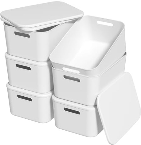 Ionoloy Kitchen Cupboard Organiser Boxes with Lids, 6 Pack Grey Plastic Storage Baskets