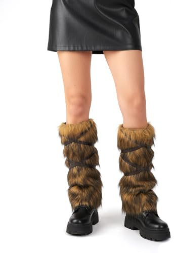 XEPST Calentadores de Piernas Peludos de Piel Sintética para Mujeres Hombres, Calentadores Vikingos Puños de Piel Cálida Accesorio de Cosplay para Disfraz Medieva, Marrón con puntas negras