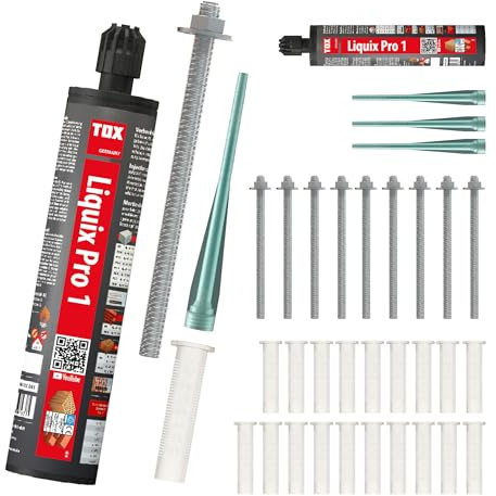 TOX Set für Chemie-Schwerlast-Befestigungen mit 2x Verbundmörtel Liquix Pro 1 styrolfrei 280 ml, 10x Gewindestange Stix-VZ M10x130, 20x Siebhülse Liquix Sleeve 16x85 mm, 32-tlg., 084909261