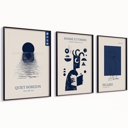MJ-GRAPHICS® Picasso Poster Set Blau Miro Picasso Bilder mit Rahmen Kunstdrucke Wandbilder Wohnzimmer Deko Schlafzimmer Wanddeko A2 Poster Set Bilder mit Rahmen 3er Set Wandbilder Brauner Rahmen