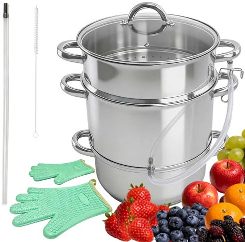 IPRETTI 10 Pcs Stainless Steel Induction Juicer Steamer for Fruit & Vegetable Juice Extraction 8.8L Steamer Pot with Glass Lid, 2 Hoses, Clamp & Loop Handles, One Pair Silicon Gloves and Tube Brush