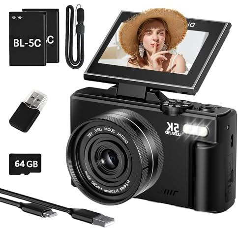 Optinexo Appareil Photo, Optinexo 5K Digital Compact Camera, Zoom Numérique 18x, Écran Entièrement Orientable à 180° de 3,0 Pouces, Visualisation Mobile en Temps Réel, 9 Modes (Noir)