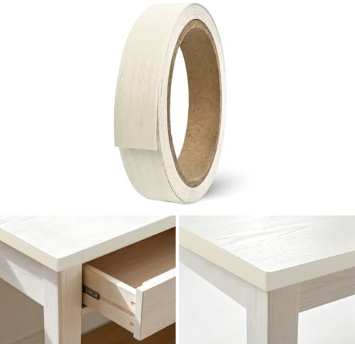 KEJOL Cinta de Bordes 20mm, 10m Chapa de Madera autoadhesiva, Reparación de Cantos, Muebles, Escritorios, Armarios, Encimeras (Madera Blanco Hueso