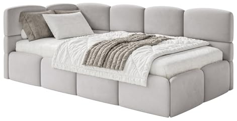 Selsey Jugendbett 120x200cm Hellgrau gepolstert mit Stauraum und Lattenrost, Polsterbett Jugendbett linksseitig mit Bettkasten, Kinderbett mit Eckkopfteil, Bett für Jugendzimmer